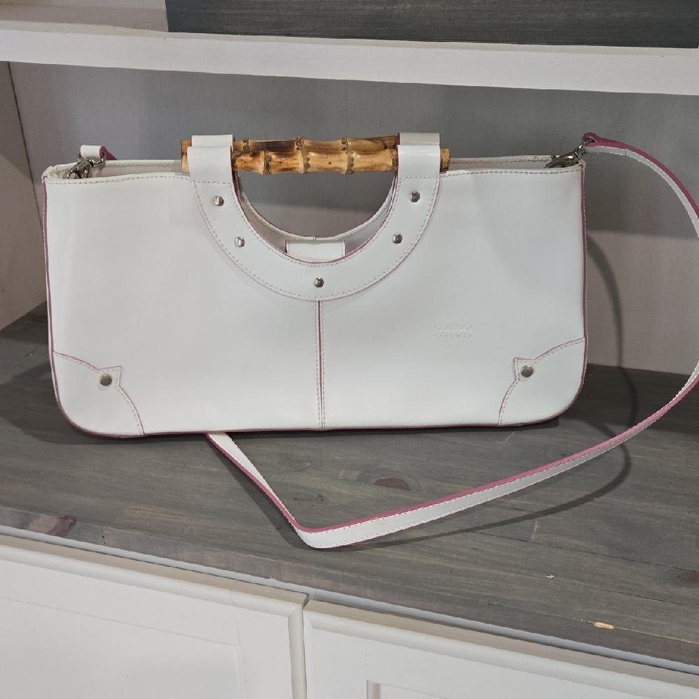 Elegant White Handbag with Bamboo Handle From ITALY.